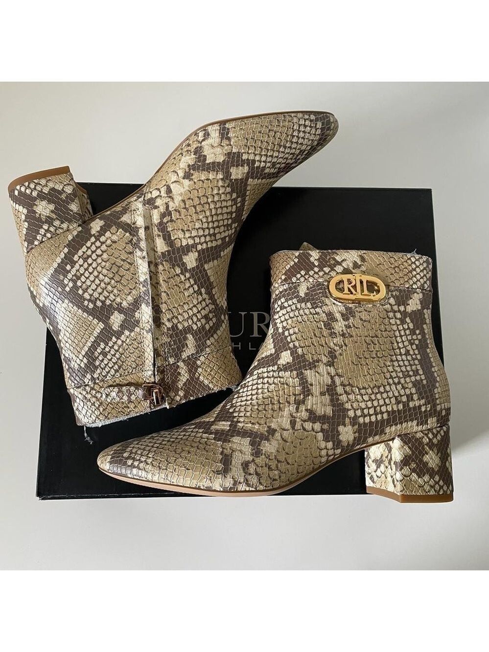 Nib Ralph Lauren Wynne II Python Embossed Leather Block Heel Booties Boots - Picture 9 of 16
